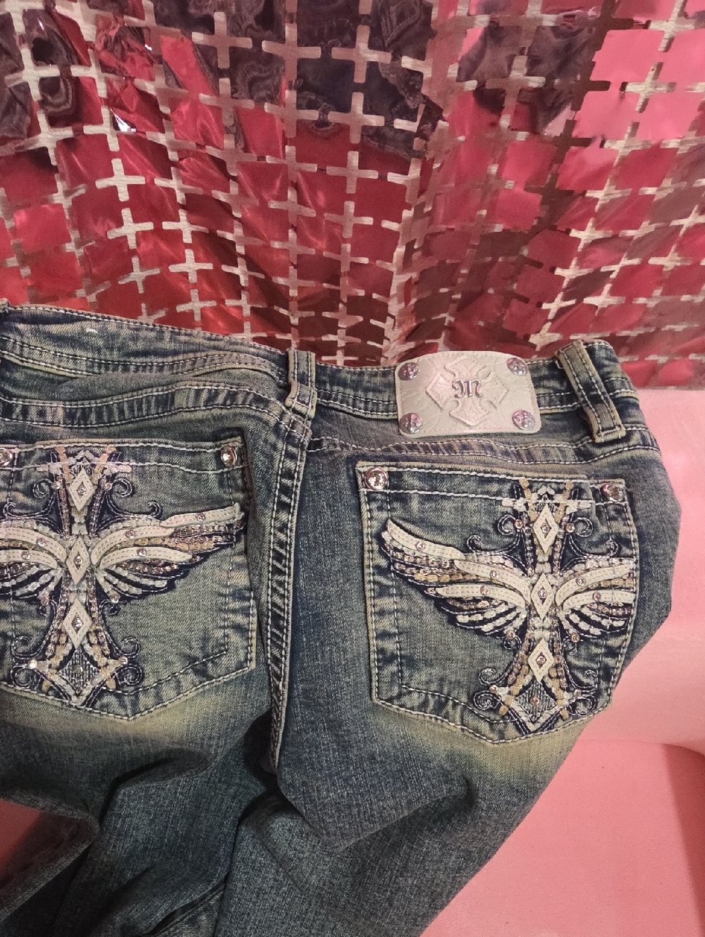 Womens Embellished Wing Pocket Jeans - Blue